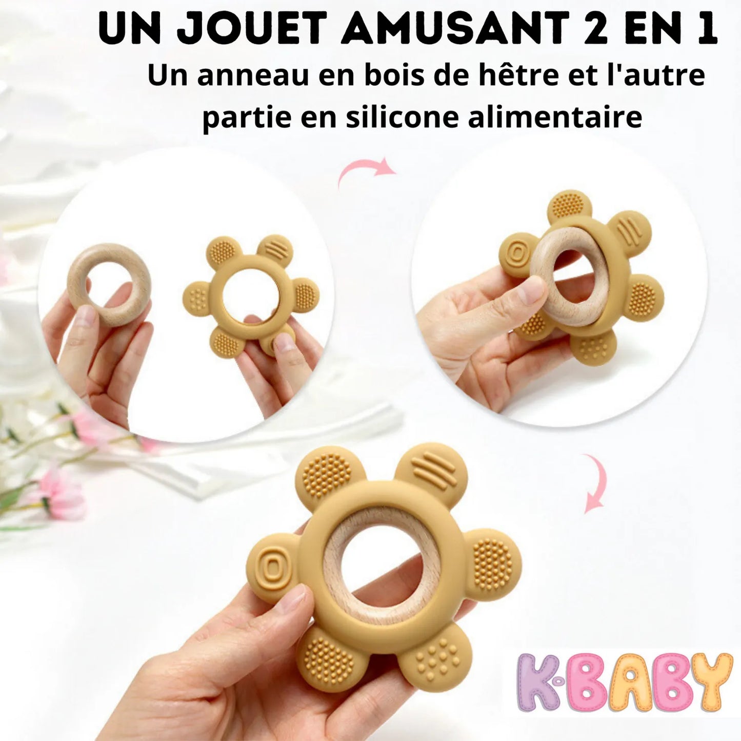 Accessoire de dentition bébé démontable 2 en 1, silicone alimentaire et bois naturel, forme couronne ergonomique K-BABY