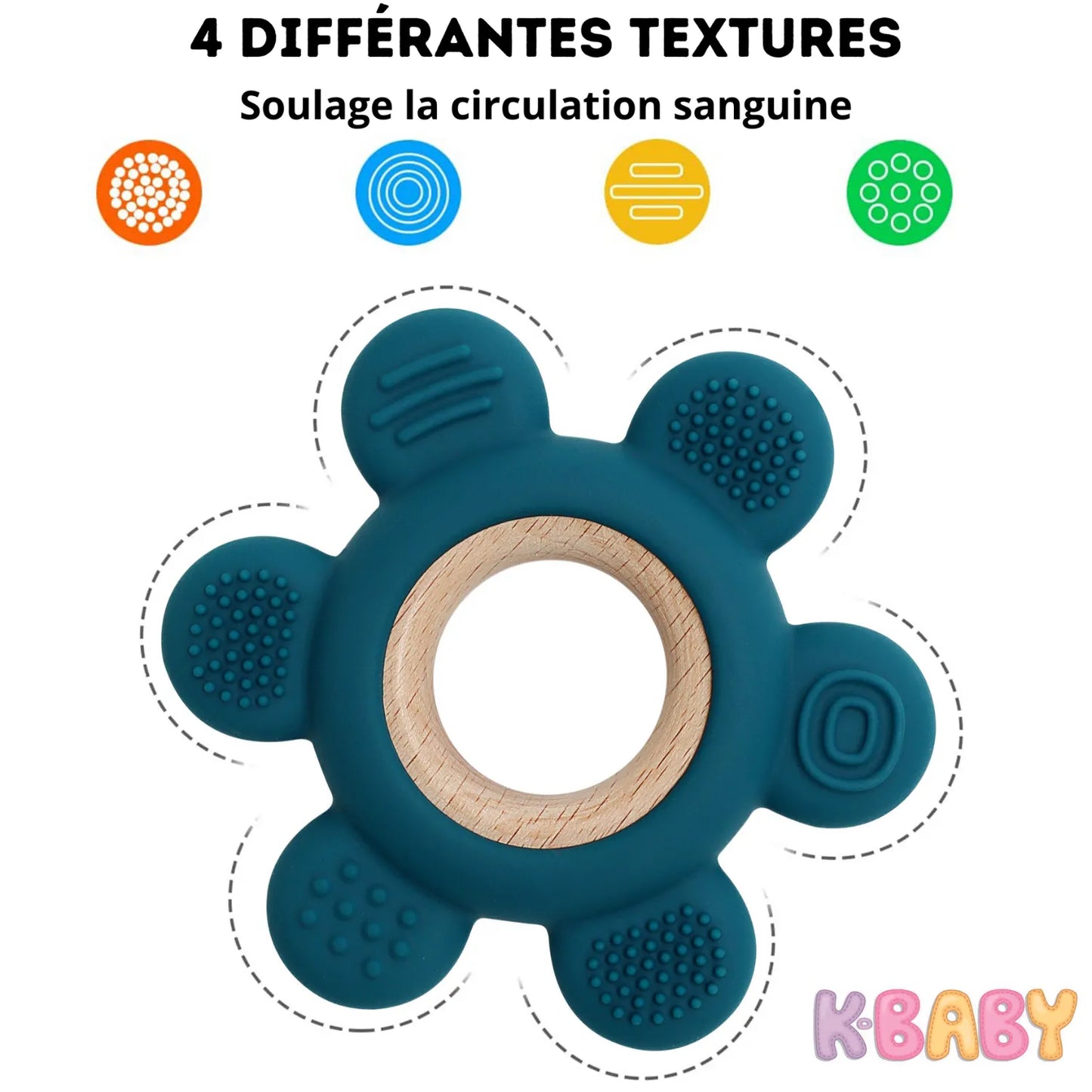 Jouet de dentition en silicone bleu profond avec 4 textures, bois naturel, idéal pour calmer les douleurs dentaires de bébé
