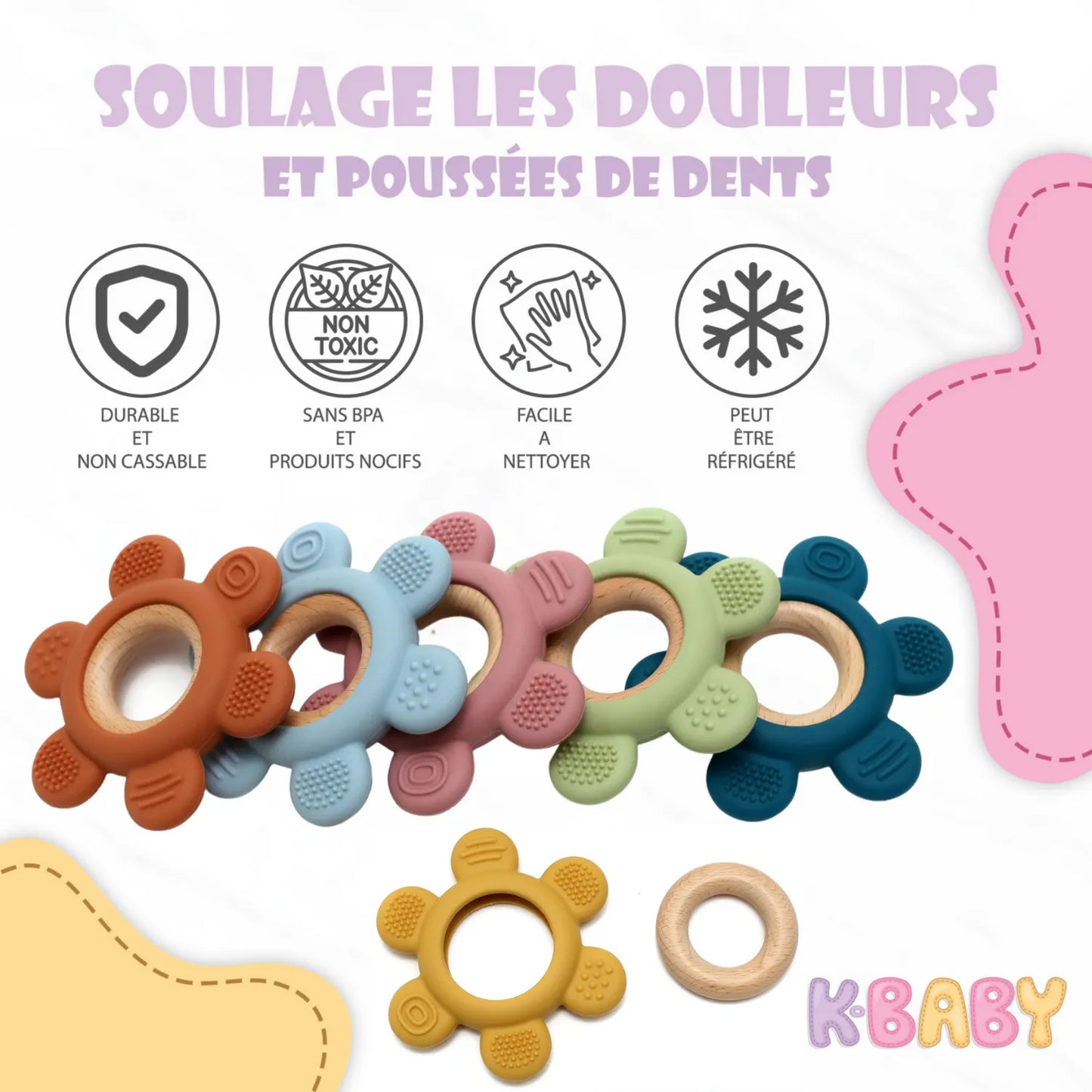 Jouets de dentition en silicone et bois naturel K-BABY, forme couronne colorée, sans BPA, pour soulager les gencives de bébé
