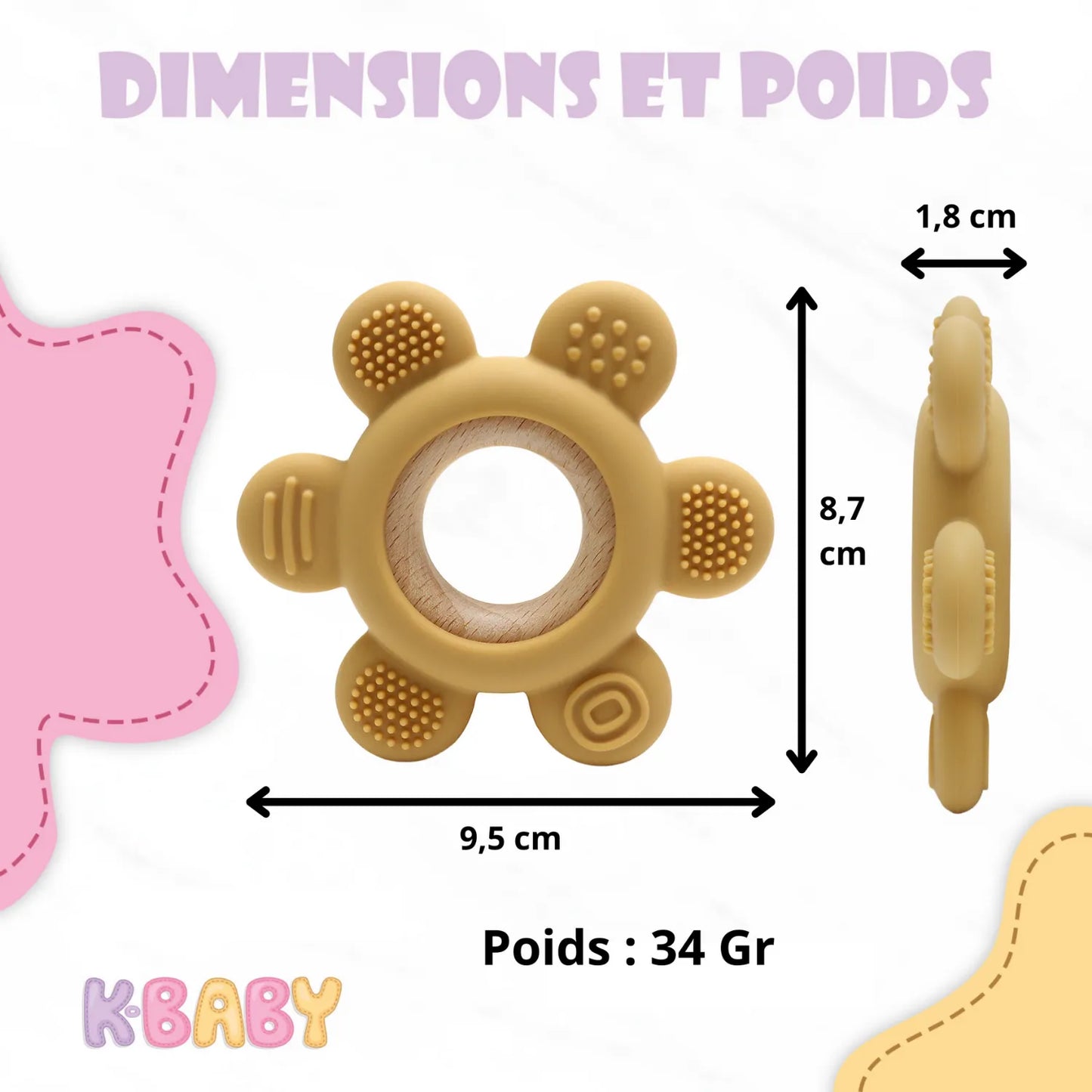 Dimensions du jouet de dentition K-BABY pour bébé, en silicone texturé et bois naturel, idéal contre les poussées dentaires