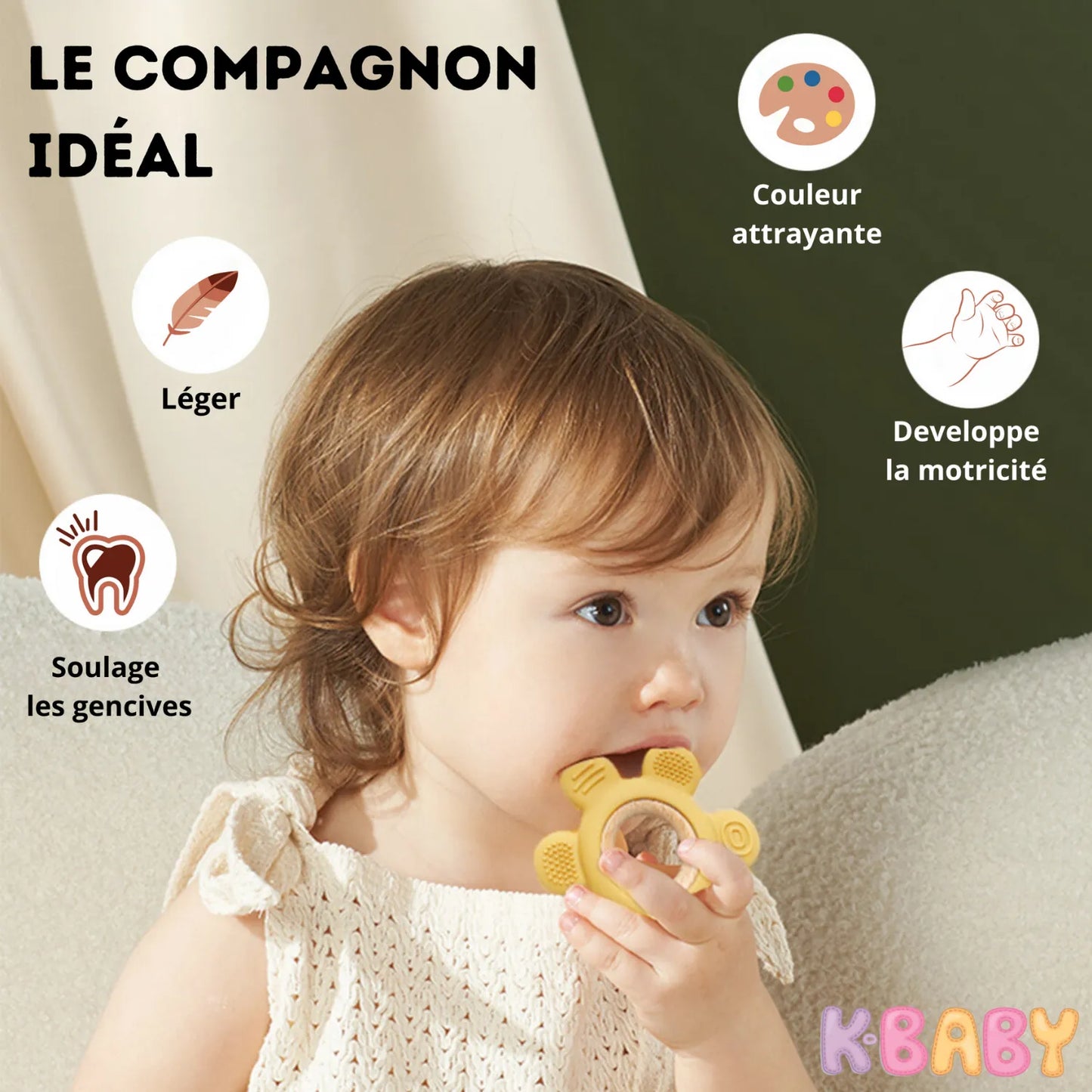 Petite fille utilisant un jouet de dentition K-BABY en silicone jaune et bois, léger et ergonomique
