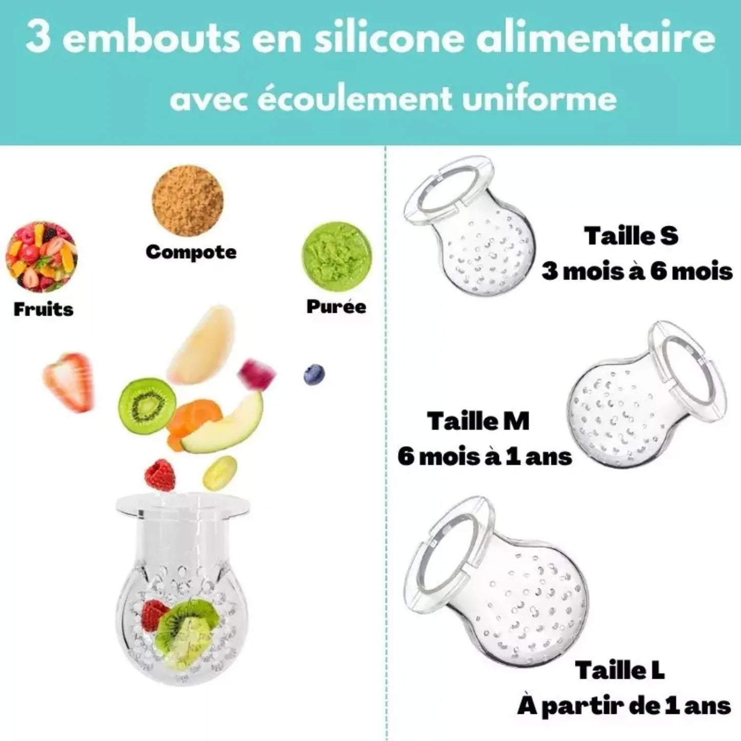 3 embouts en silicone alimentaire pour grignoteuse bébé