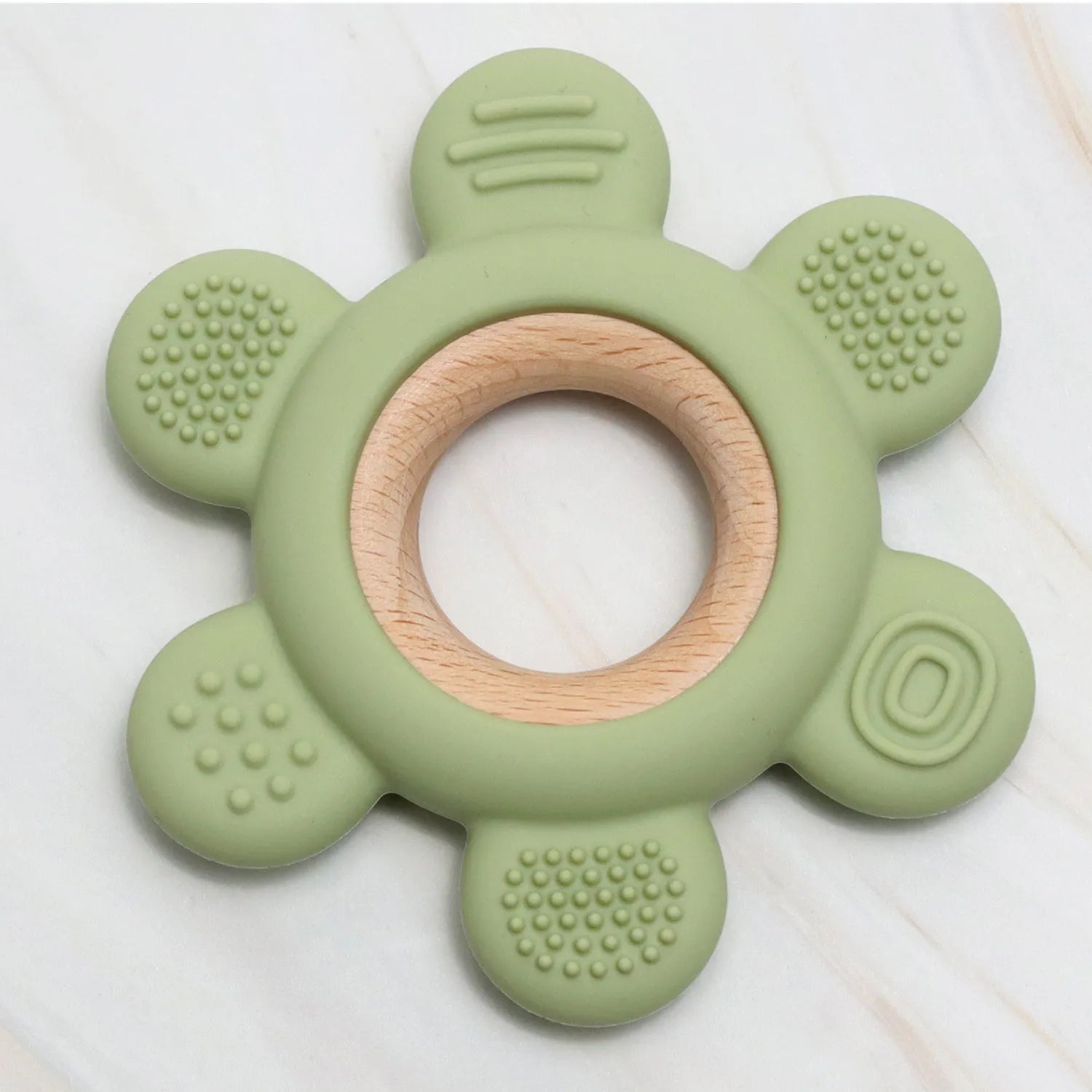 Jouet de dentition vert sauge en silicone et bois naturel, K-BABY, avec texture sensorielle