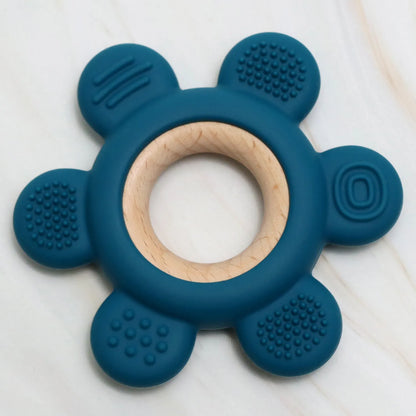Jouet de dentition bleu foncé K-BABY en silicone alimentaire et bois naturel avec textures sensorielles