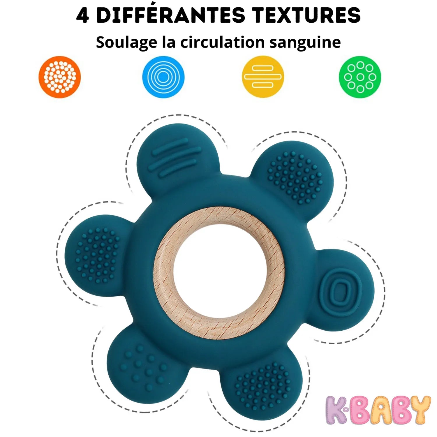 Jouet de dentition en silicone bleu profond avec 4 textures, bois naturel, idéal pour calmer les douleurs dentaires de bébé