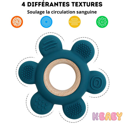 Jouet de dentition en silicone bleu profond avec 4 textures, bois naturel, idéal pour calmer les douleurs dentaires de bébé
