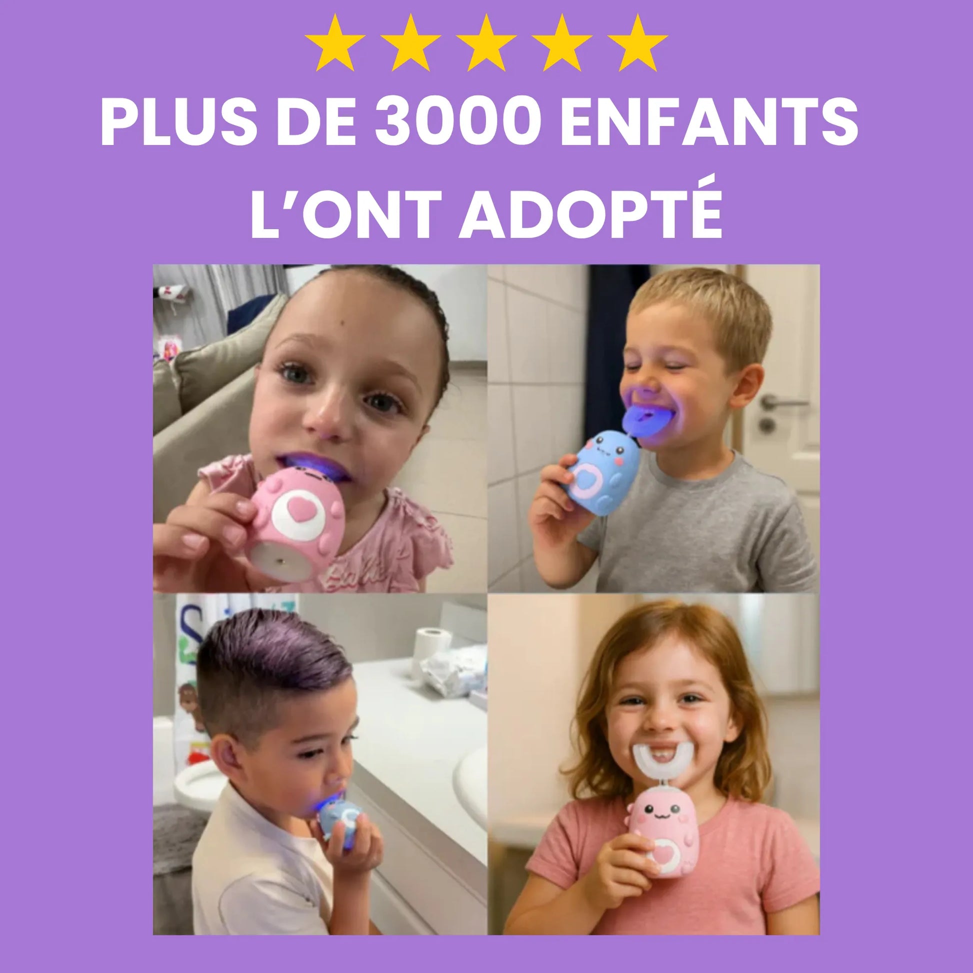 Enfants utilisant la brosse à dents électrique K-Brush , design amusant, plusieurs couleurs, nettoyage rapide et efficace, plus de 3000 parents satisfaits