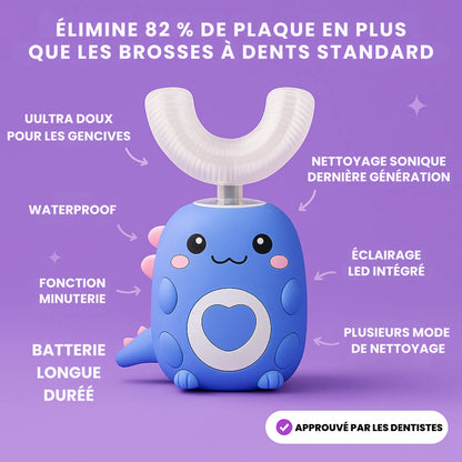 Brosse à dents électrique enfant en forme de dinosaure, tête en silicone U-shape, nettoyage sonique, waterproof, longue autonomie, approuvée par les dentistes, K-Brush