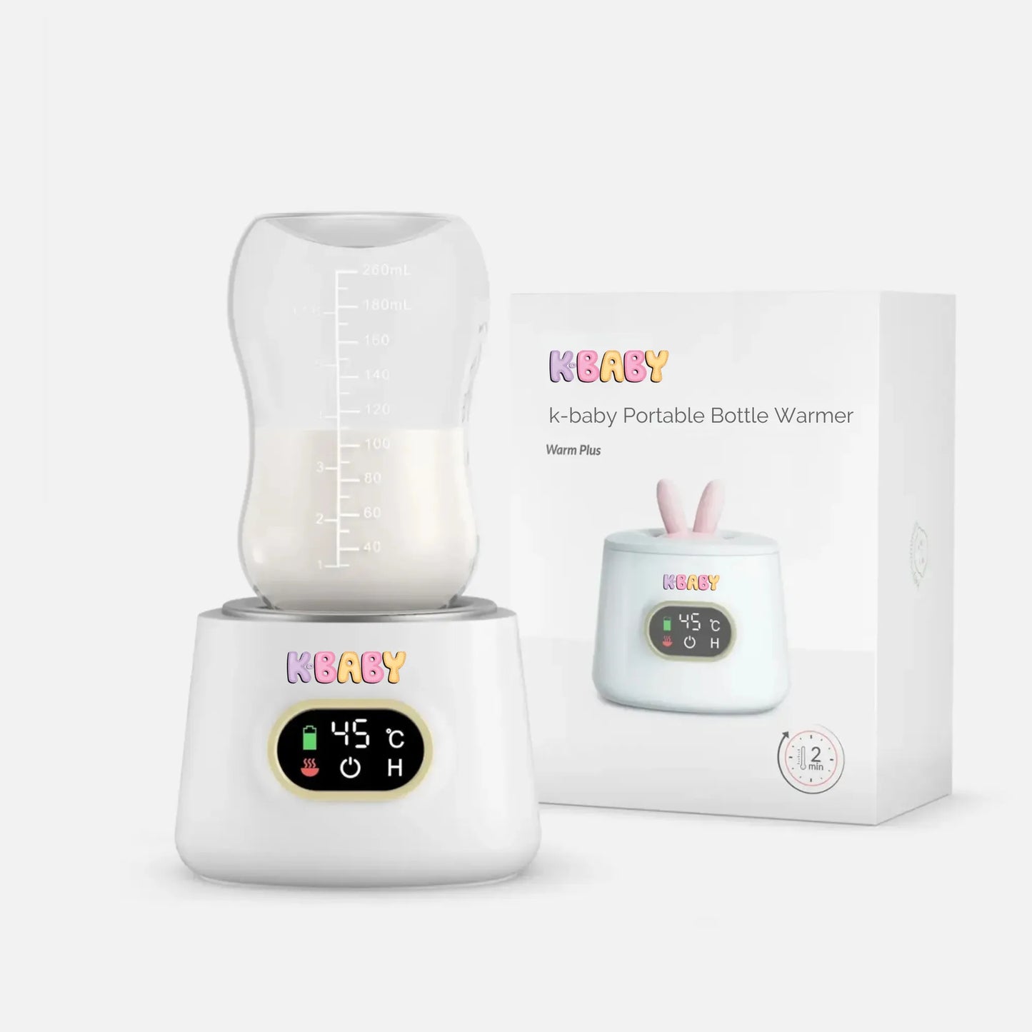 Appareil de chauffage de biberon nomade K-BABY avec écran digital 45°C et emballage, idéal pour préparer le repas de bébé partout